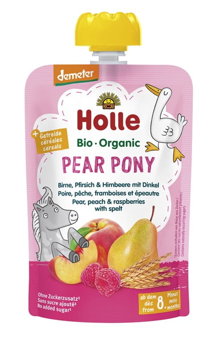 PURÉE EN TUBE « PETIT CHEVAL À LA POIRE » (POIRE - PÊCHE - FRAMBOISE - ÉPEUTRE) SANS SUCRES AJOUTÉS À PARTIR DE 8 MOIS DEMETER BIO 100 g - HOLLE DDM: 09-2026