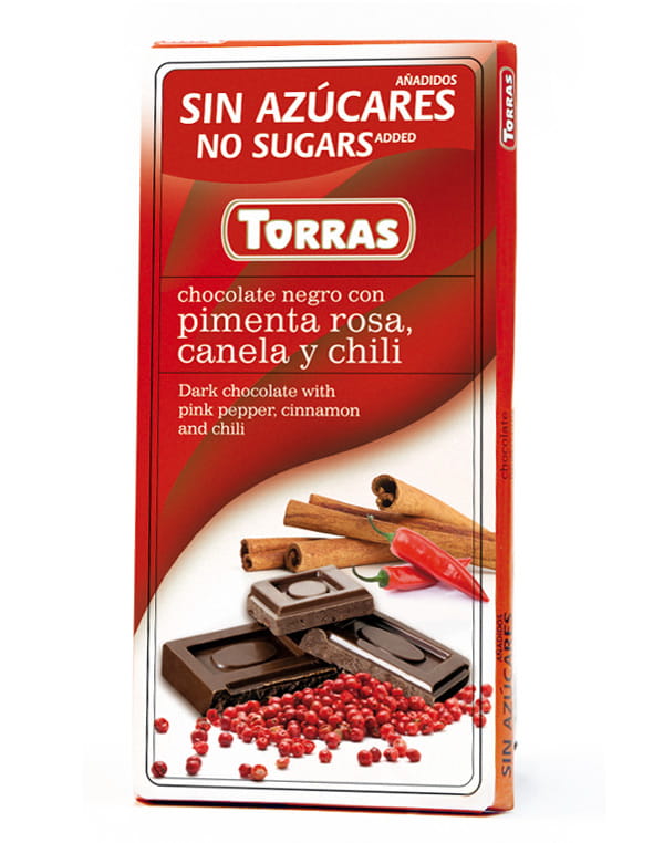 Chocolat amer au poivre rose, cannelle et piment sans sucre ajouté 75g TORRAS