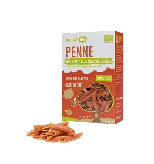 Penne aux lentilles corail au lin doré sans gluten cru BIO 250 g PETRAS BIO