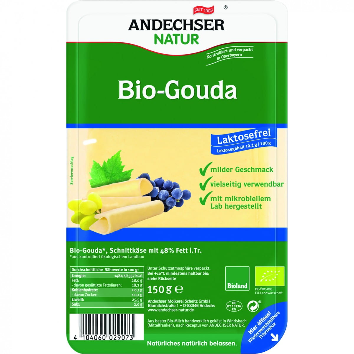 Gouda en tranches 48% sans lactose BIO 150 g ANDECHSER NATUR