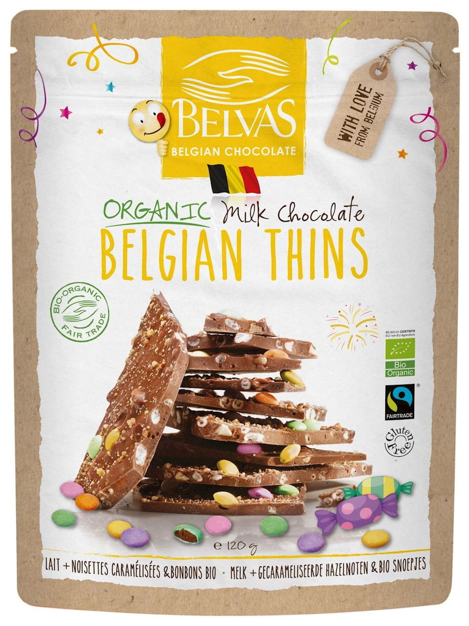 Morceaux de chocolat au lait aux dragées sans gluten BIO 120 g - BELVAS