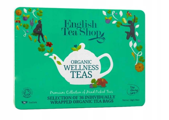 Un coffret d'infusions bien-être dans une boîte verte décorative BIO 54 g ENGLISH TEA SHOP