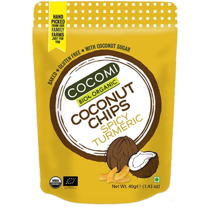 Chips de noix de coco épicées au curcuma grillées sans gluten BIO 40 g - COCOMI