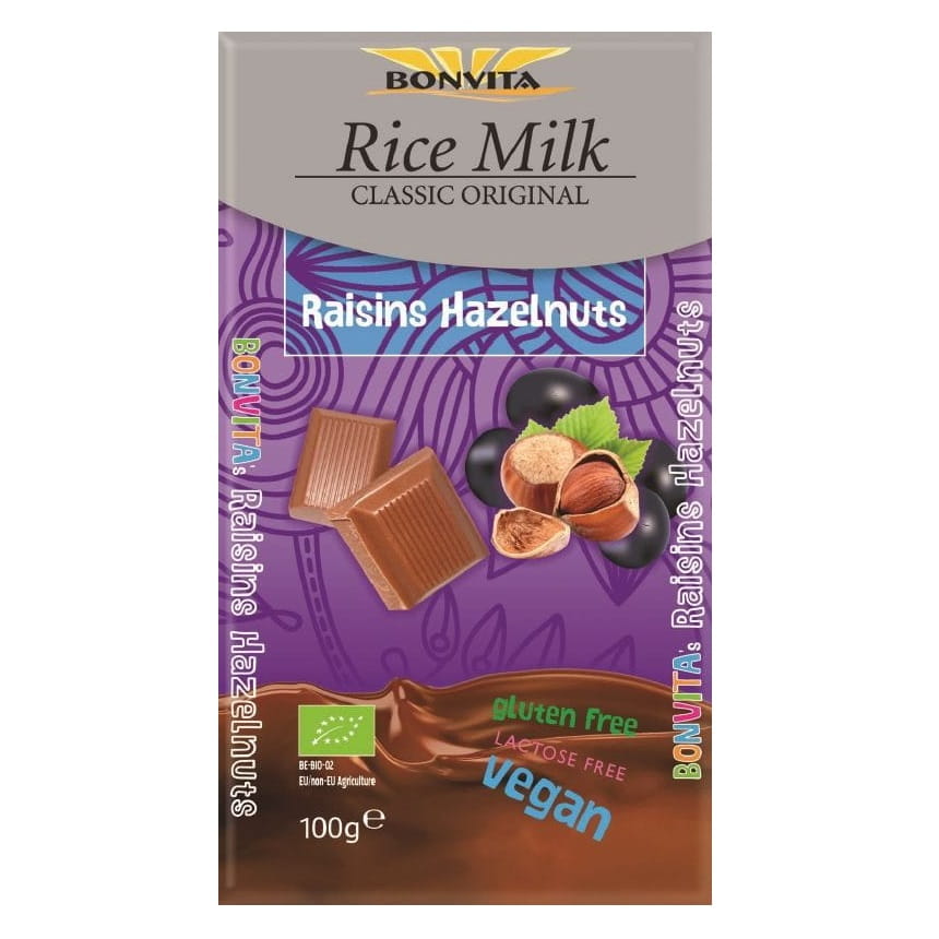 Chocolat sans lactose aux raisins secs et aux noix, sans gluten (avec boisson au riz) BIO 100 g - BONVITA