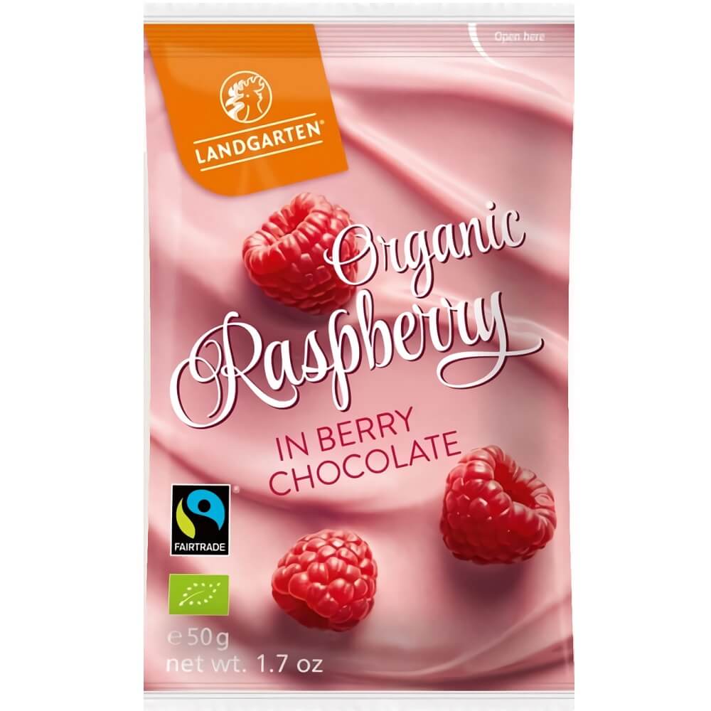 Framboises lyophilisées au chocolat blanc saveur myrtille sans gluten BIO 50 g - LANDGARTEN