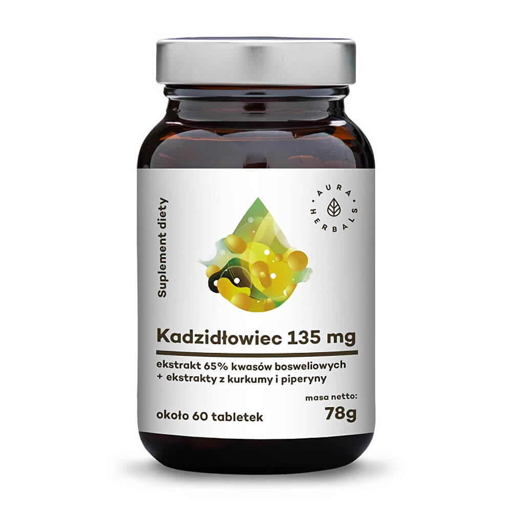 Kadzidłowiec boswellia serrata extrait 65% d'acides boswelliques + curcuma + pipérine 60 comprimés 78g AURA HERBALS