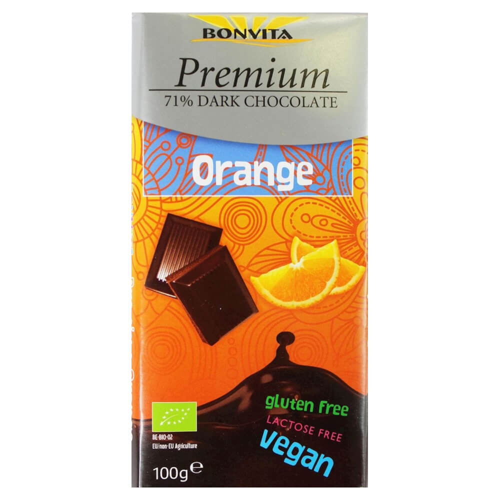 Chocolat noir premium 71% avec morceaux d'orange sans lactose sans gluten (avec boisson au riz) BIO 100 g - BONVITA