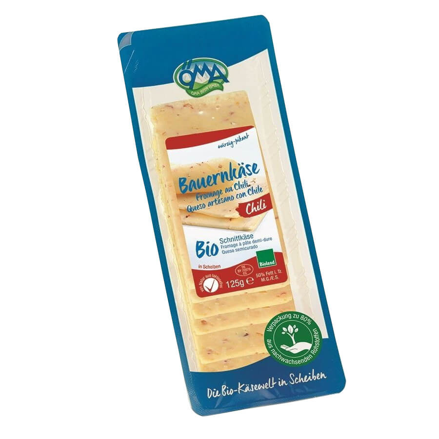 Fromage jaune au piment, tranches (50% de matière grasse sur sec) BIO 125 g - OMA
