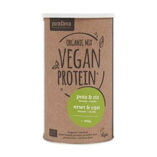 Isolat de protéines de pois et de riz, saveur banane et vanille, sans lactose sans gluten BIO 400 g - PURASANA