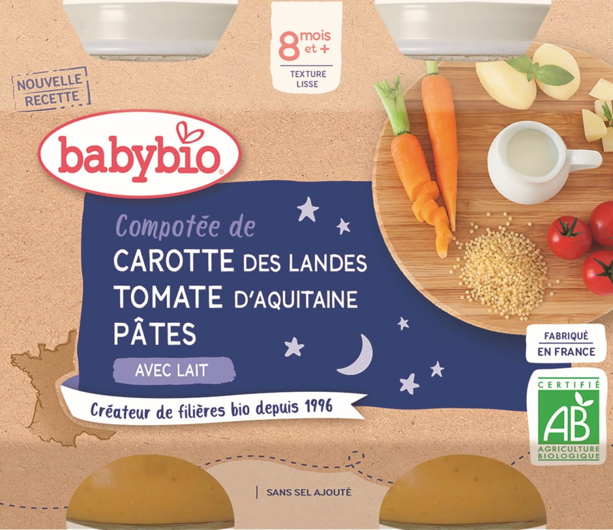 Plat du soir pâtes aux carottes et tomates dès 8 mois BIO 2x200 g BABYBIO
