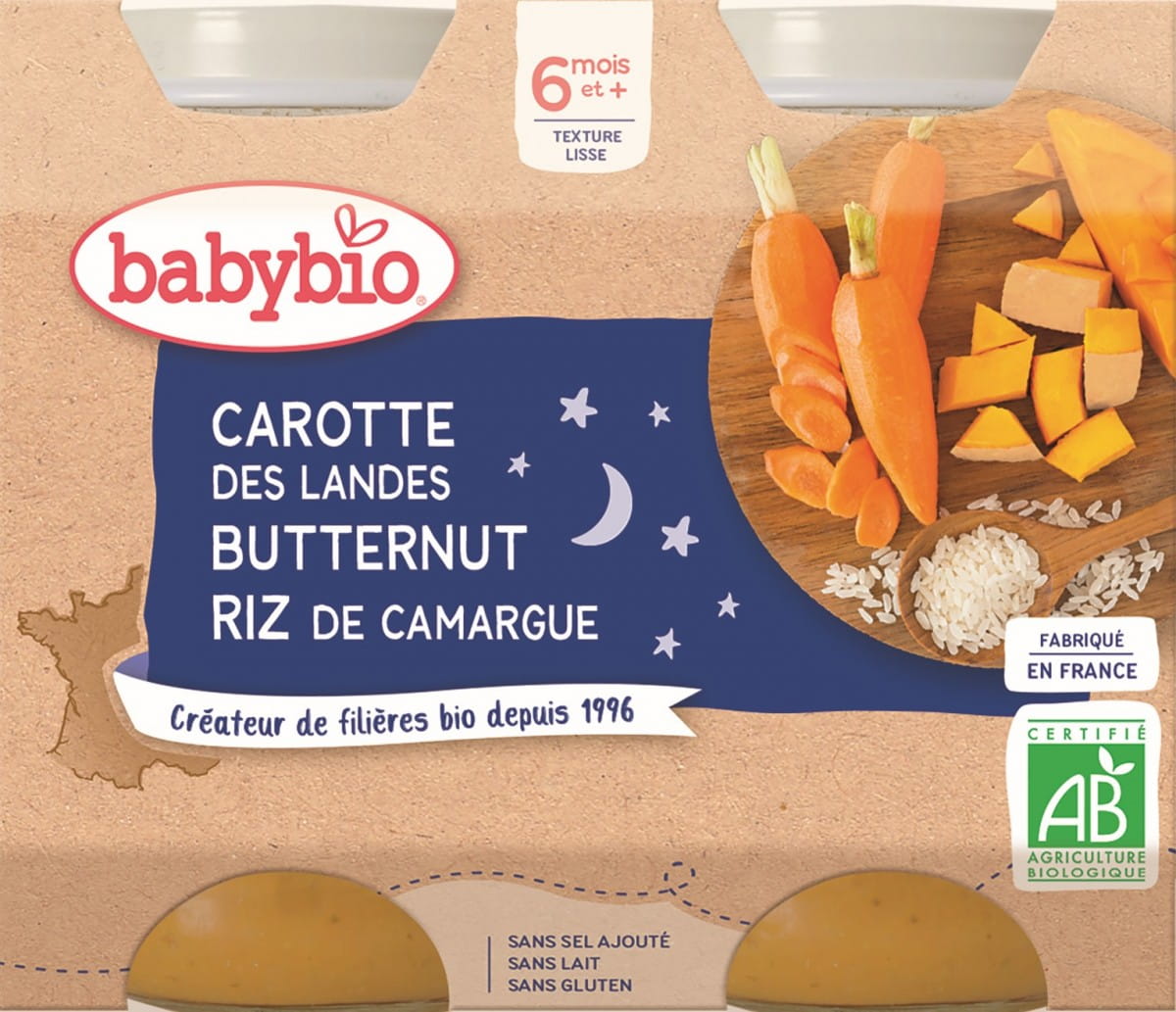 Repas du soir : riz aux carottes et courge musquée dès 6 mois sans gluten BIO 2x200 g BABYBIO