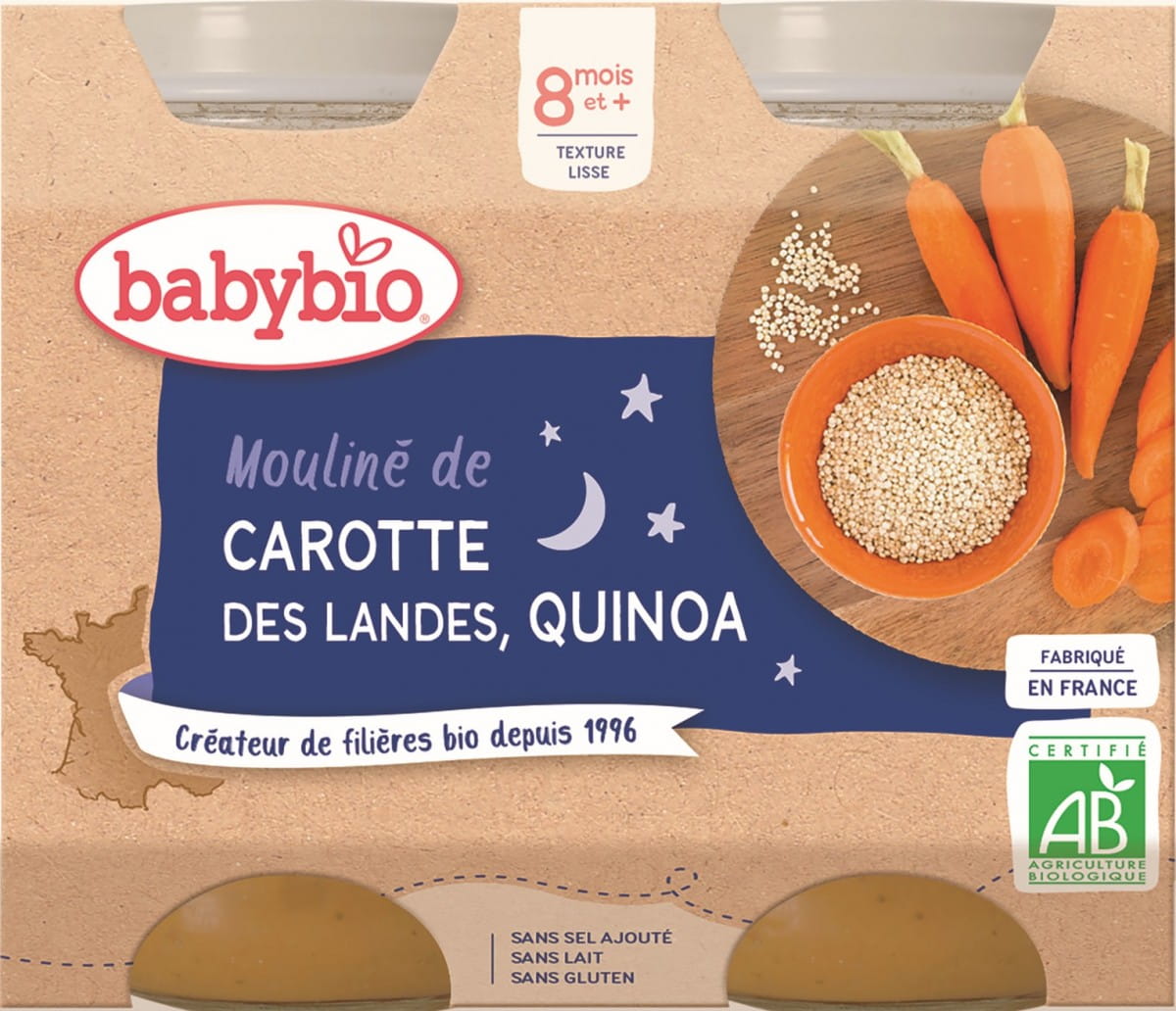 Plat du soir quinoa aux carottes dès 8 mois sans gluten BIO 2x200 g BABYBIO