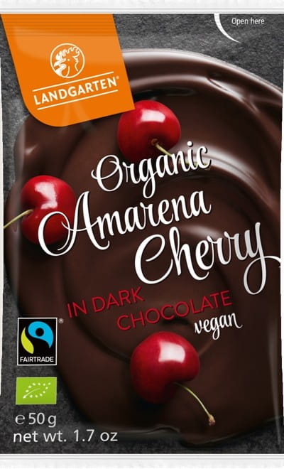 Cerises Amarena, lyophilisées au chocolat noir, équitable sans gluten BIO 50 g - LANDGARTEN
