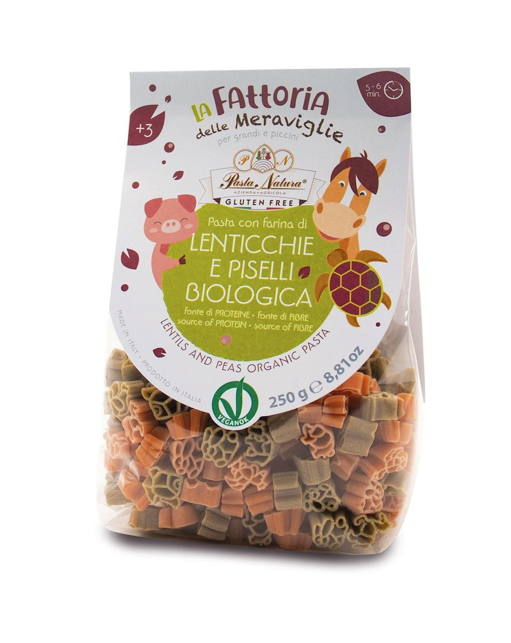 Pâtes (à base de lentilles et petits pois pour enfants) animaux sans gluten BIO 250 g - PASTA NATURA