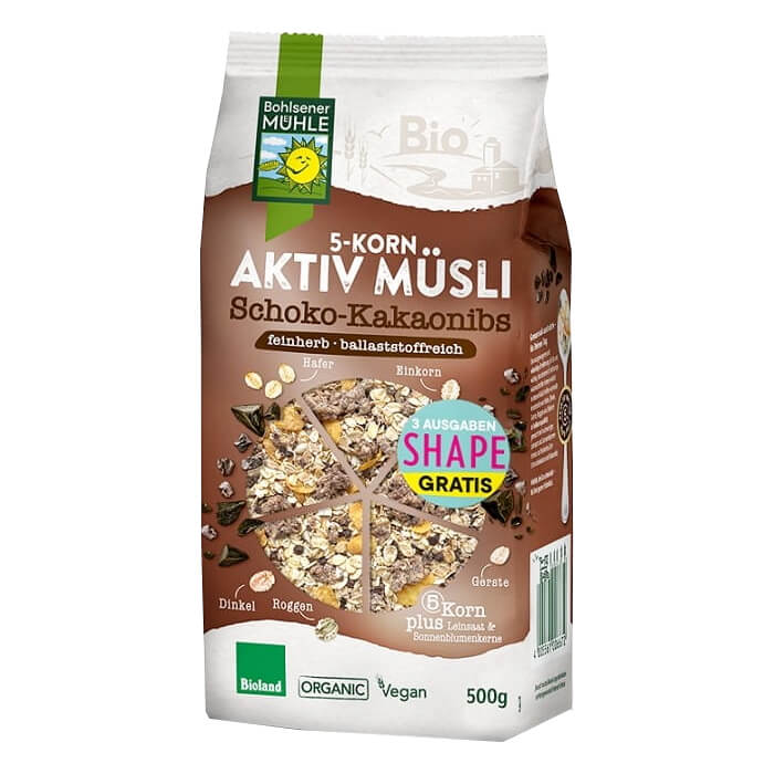 Muesli 5 céréales aux éclats de chocolat et fèves de cacao torréfiées BIO 500 g - BOHLSENER MUEHLE
