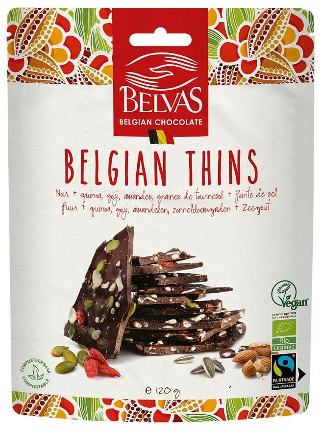 Morceaux de chocolat noir aux amandes de quinoa et baies de goji équitables sans gluten BIO 120 g - BELVAS