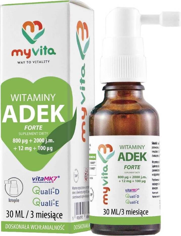 Vitamines ADEK FORTE 800 µg + 2000 UI + 12 MG + 100 µg gouttes 30 ml MYVITA
