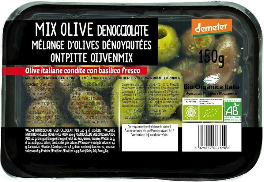 Mélange d'olives dénoyautées en marinade BIO barquette 150 g - BIO ORGANICA ITALIA