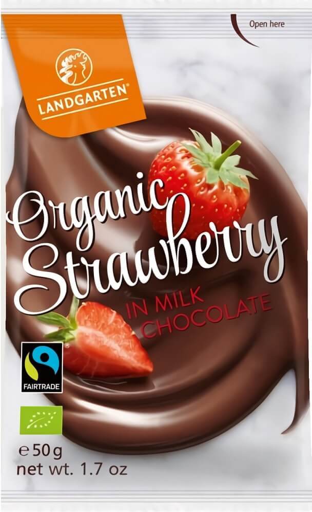 Fraises lyophilisées en chocolat au lait sans gluten BIO 50 g - LANDGARTEN