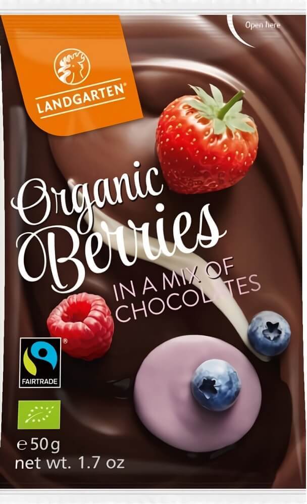 Un mélange de framboises, myrtilles et fraises lyophilisées au chocolat sans gluten BIO 50 g - LANDGARTEN