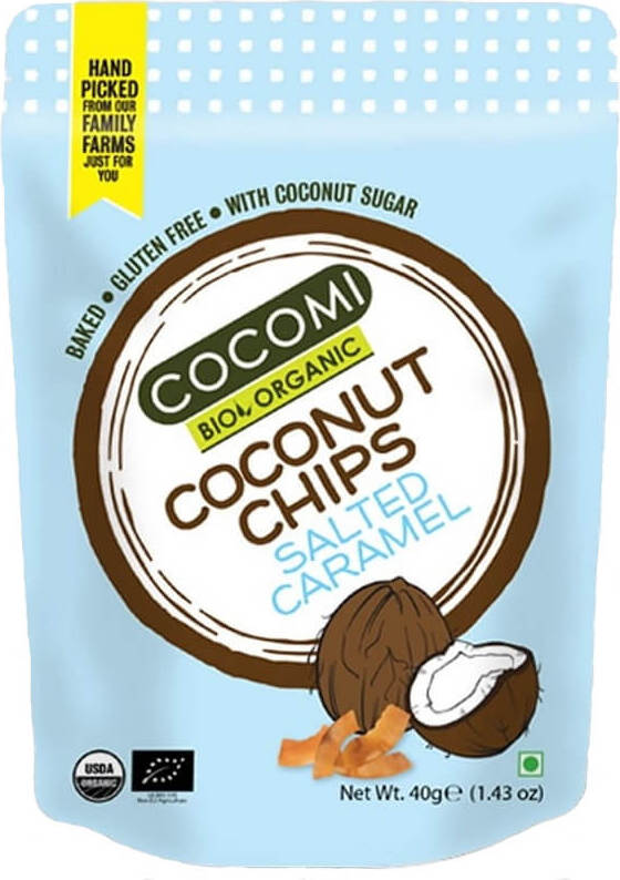 Chips de noix de coco, saveur caramel au sel, torréfiées sans gluten BIO 40 g - COCOMI
