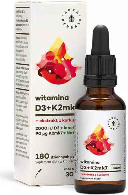 Vitamine D3 D - 3 2000iu + K - 2 K2MK7 + extrait de curcuma gouttes novasol 30ml AURA HERBALS
