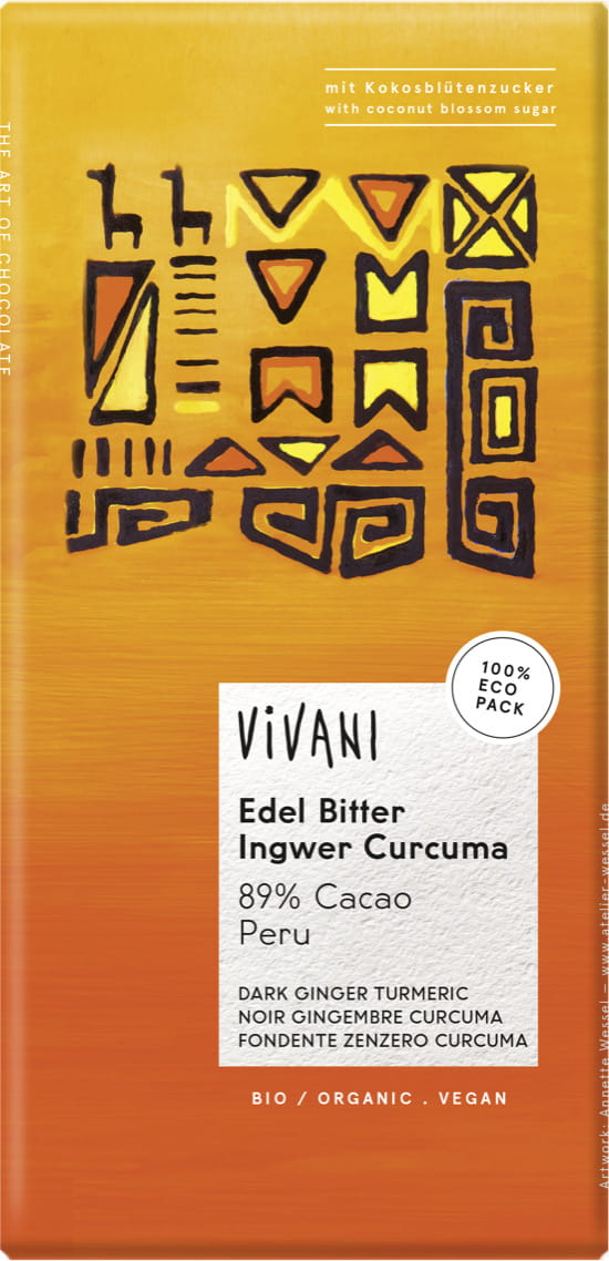 Chocolat noir au gingembre et curcuma du Pérou 89% BIO 80 g - VIVANI