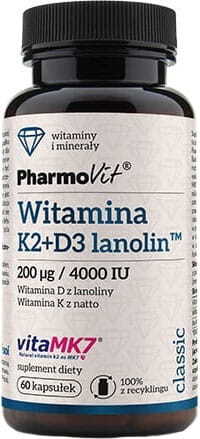 Vitamine K2 MK - 7 200 µg + D3 200 µg / 4000 et 60 gélules PHARMOVIT