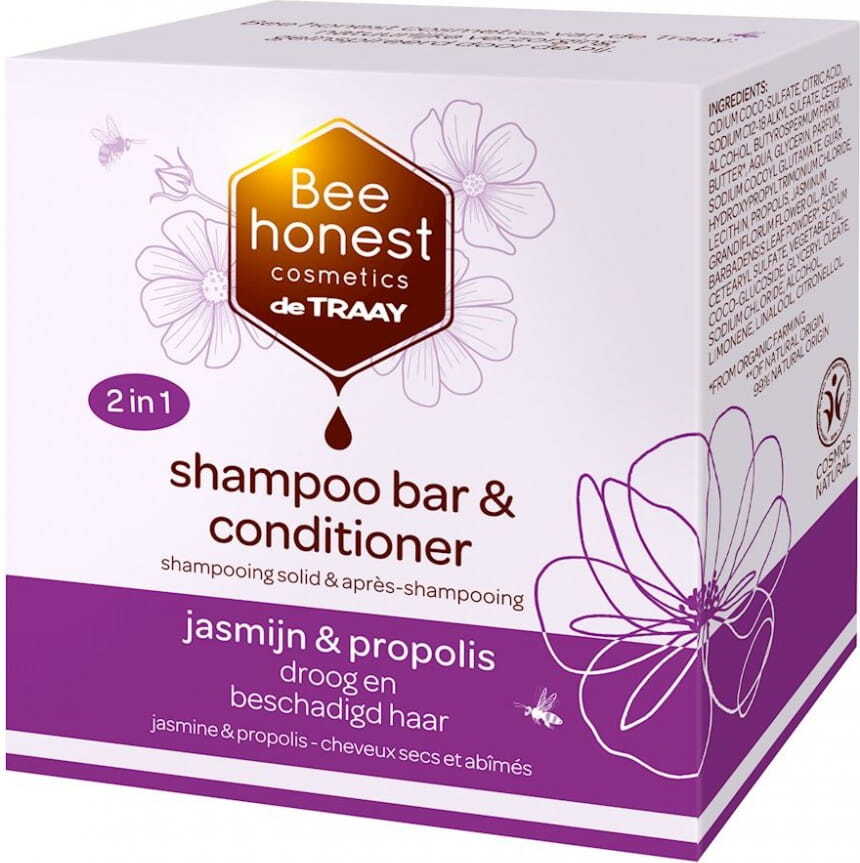 Shampoing et revitalisant pour cheveux secs et abîmés 2en1 en barre écologique au jasmin et à la propolis 80 g - BEE HONEST