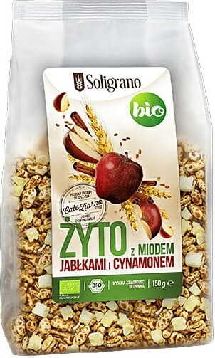 Seigle expansé à la pomme dans un enrobage au miel et à la cannelle BIO 150 g - SOLIGRANO