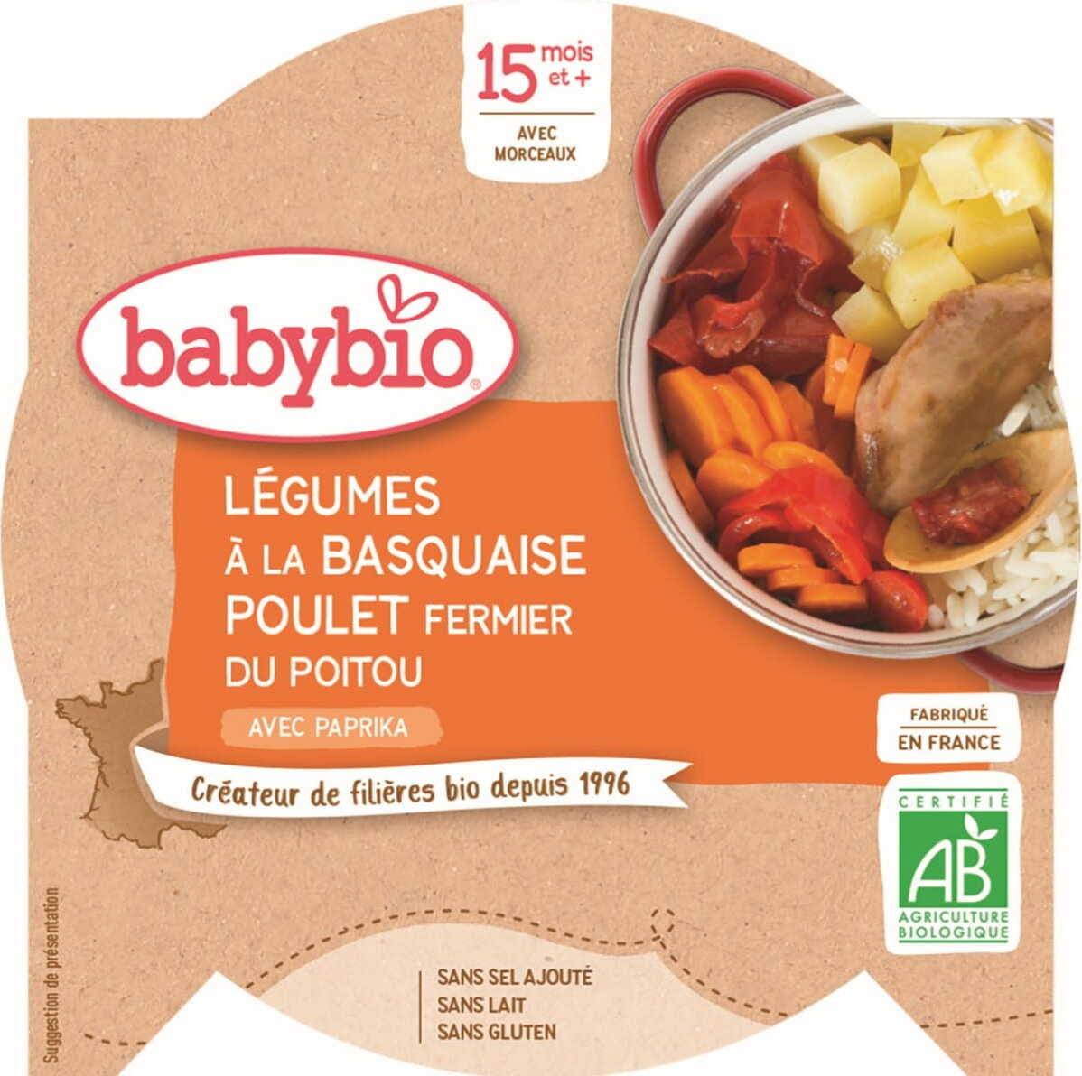Plat de légumes basquaise au poulet dès 15 mois sans gluten BIO 260 g BABYBIO