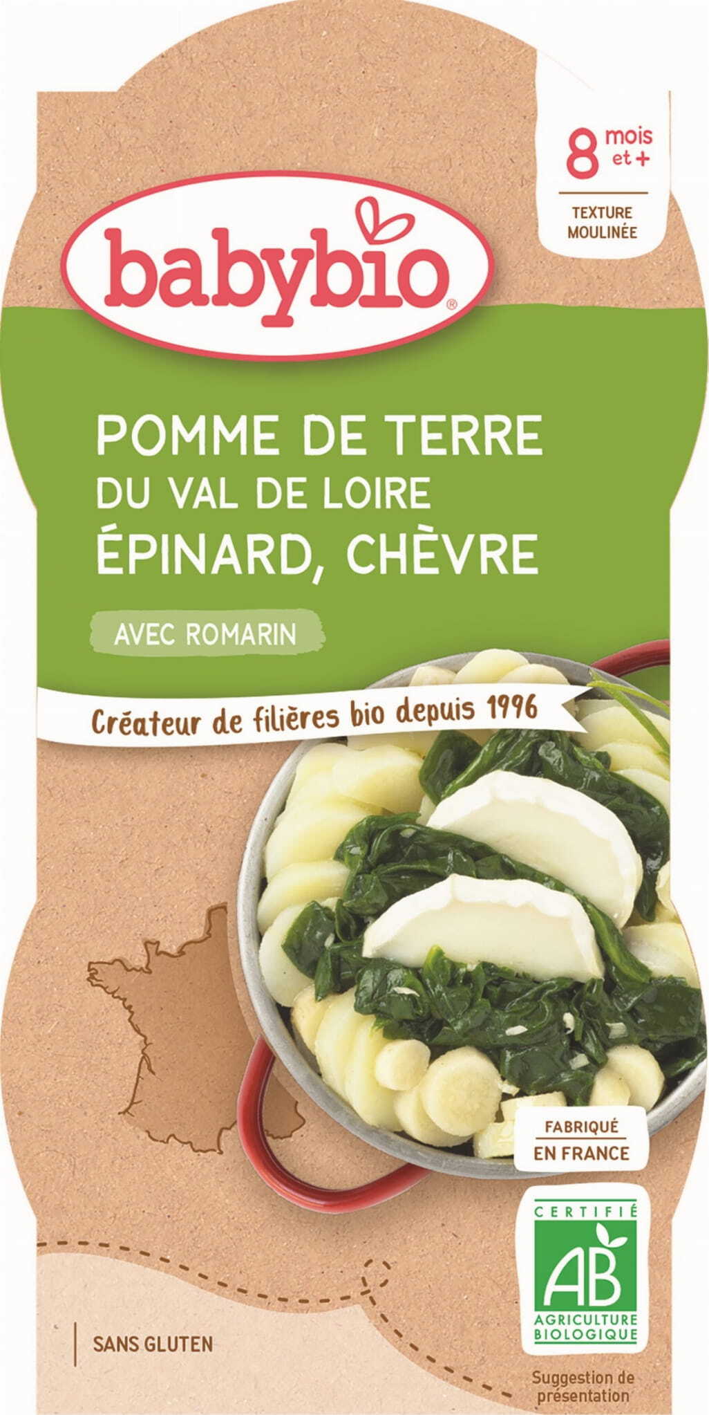 Plat aux pommes de terre, épinards et fromage de chèvre dès 8 mois sans gluten BIO 2x200 g BABYBIO