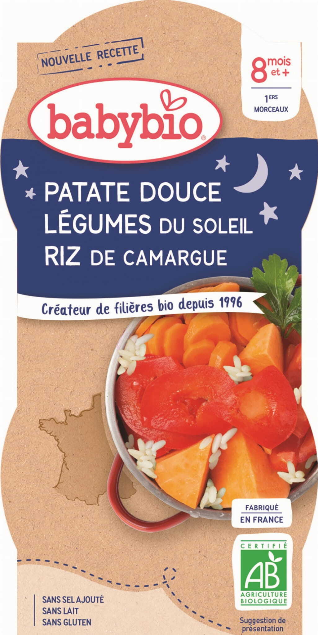 Plat du soir, mélange de légumes aux patates douces et riz dès 8 mois sans gluten BIO 2x200 g BABYBIO