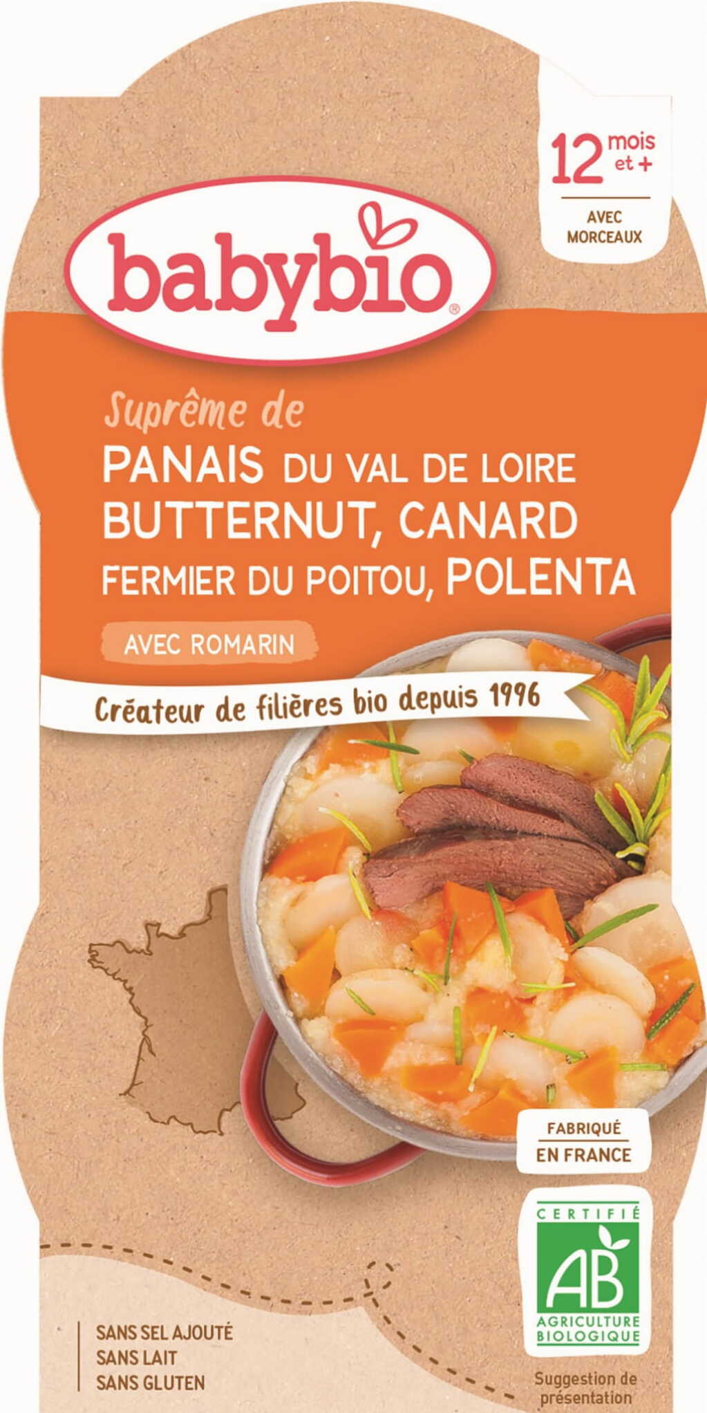 Panais de canard, courge musquée et polenta dès 12 mois sans gluten BIO 2x200 g BABYBIO