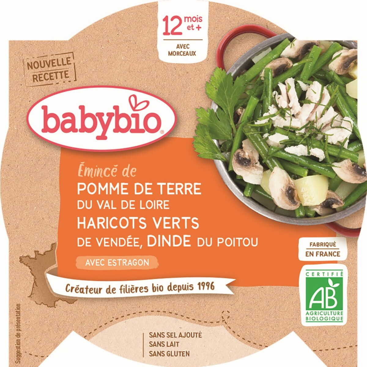 Plat de mélange de légumes aux haricots verts et dinde dès 12 mois sans gluten BIO 230 g BABYBIO