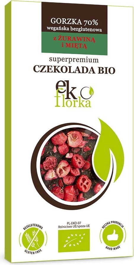 Chocolat noir premium aux canneberges et à la menthe BIO sans gluten 85 g - EKOFLORKA