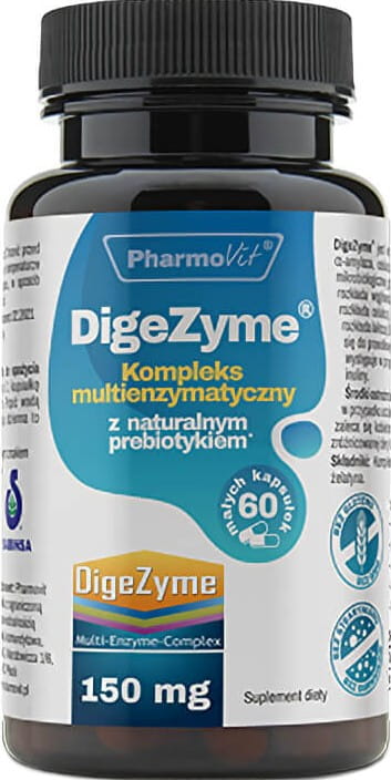 Complexe multienzymatique Digezyme avec un prébiotique naturel 150mg 60 gélules PHARMOVIT