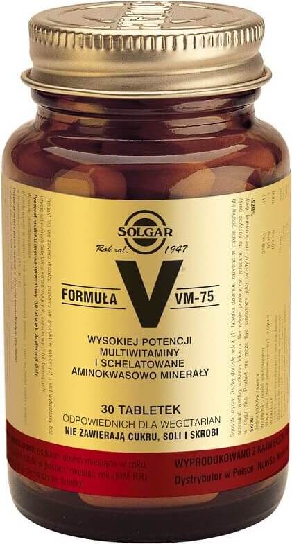 Formule v vm - 75 multivitamines à haute puissance et minéraux d'acides aminés chélates 30 comprimés SOLGAR