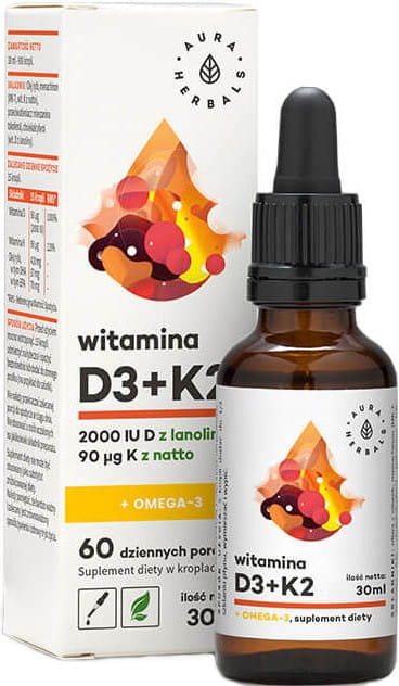 Vitamine D3 2000 ui + K2 90µg + OMEGA - 3 gouttes 30ml AURA HERBALS