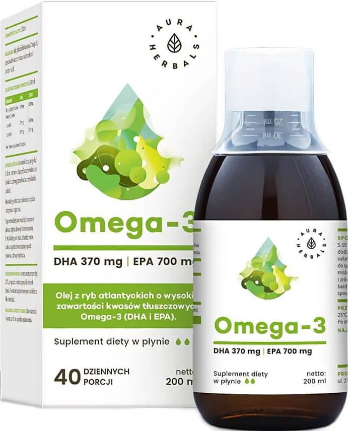 Oméga - 3 DHA 370mg EPA 700mg Huile de poisson de l'Atlantique 200ml AURA HERBALS