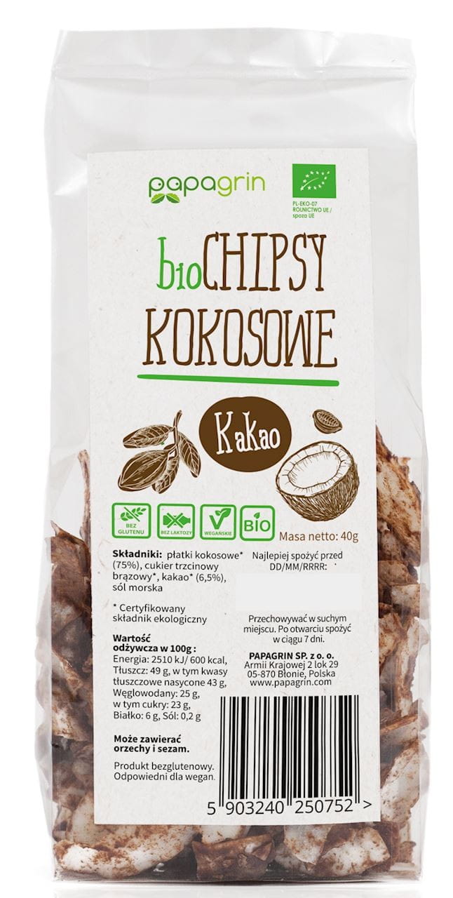 Chips de coco au cacao BIO 40 g - PAPAGRIN