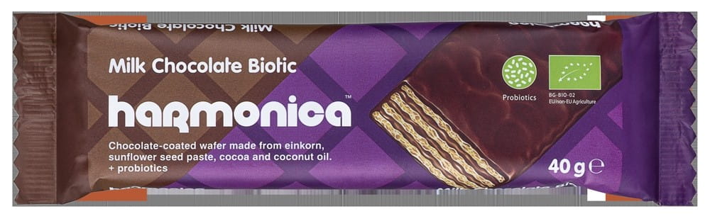 Gaufrette au lait et crème de cacao enrobée de chocolat au lait aux Probiotiques BIO 40 g - HARMONICA