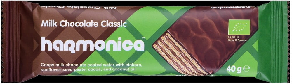 Gaufrette à la crème de lait de cacao enrobée de chocolat au lait BIO 40 g HARMONICA