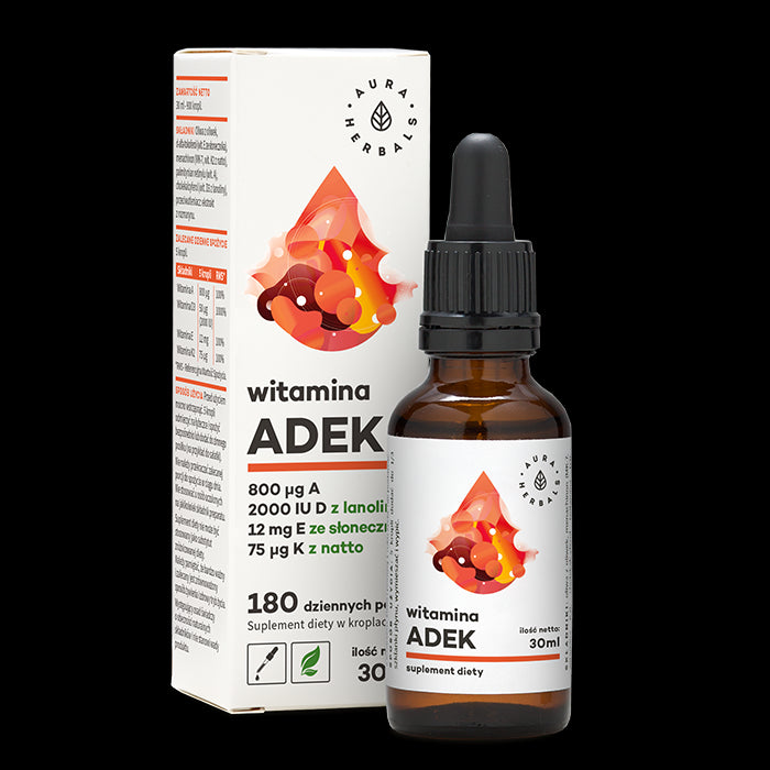 Vitamine A et D3 2000 ui et E et K2 MK7 ADEK gouttes 30 ml AURA HERBALS