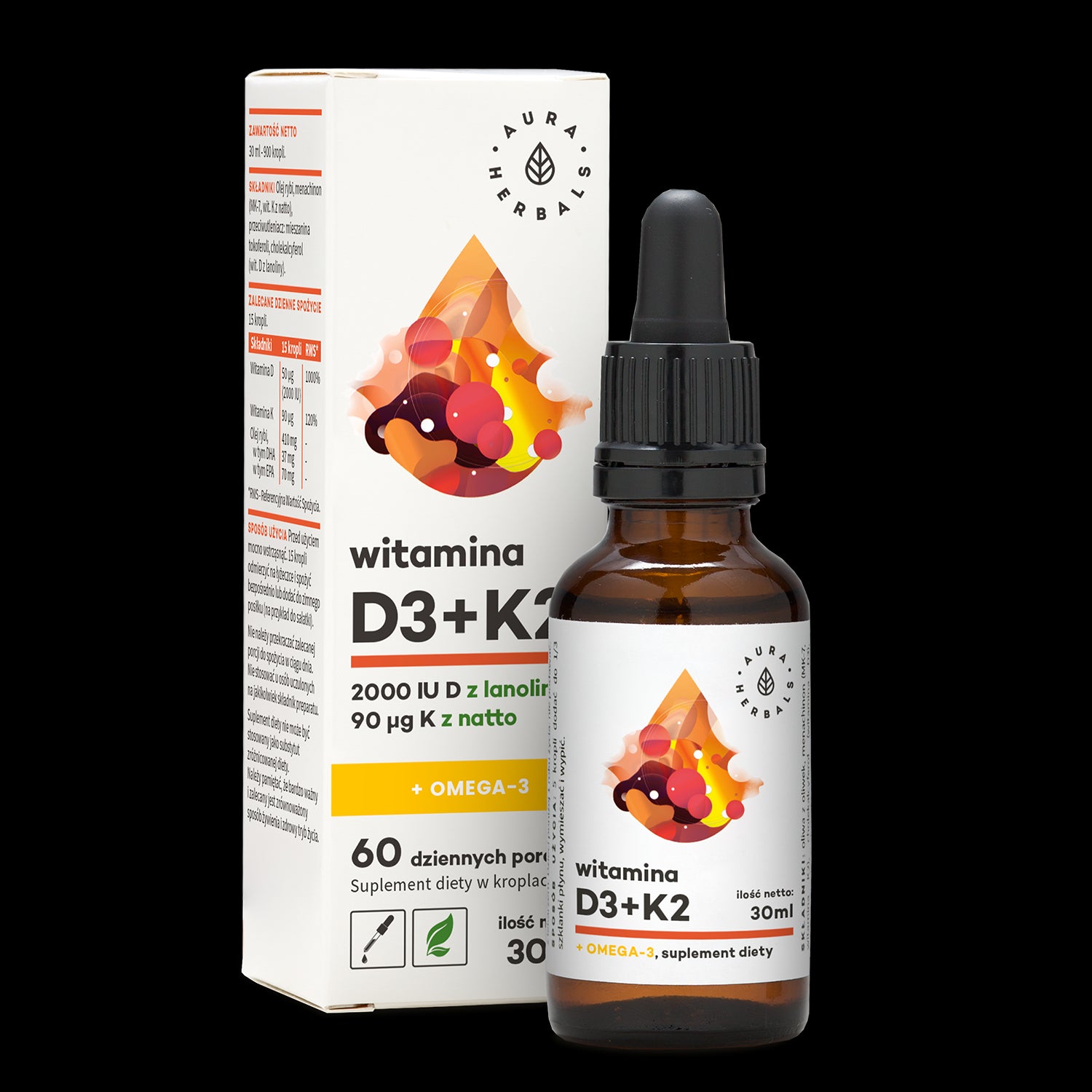 Vitamine D3 2000 ui et K2MK7 et OMEGA3 gouttes 30 ml AURA HERBALS