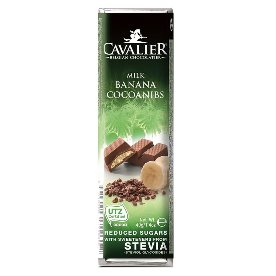 Tablette chocolat au lait fourrée banane et fèves de cacao torréfiées 40g CAVALIER