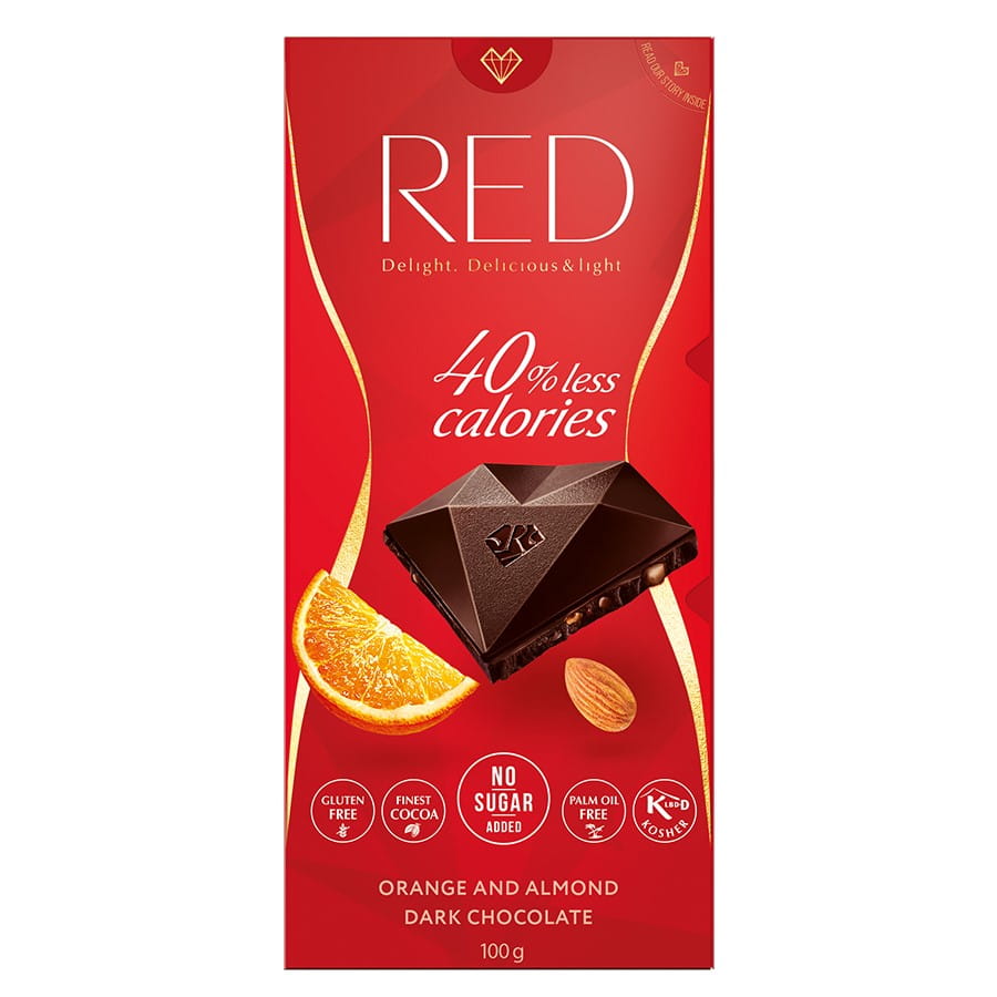Chocolat noir à l'orange et aux amandes 40% de calories en moins 100g RED DELIGHT