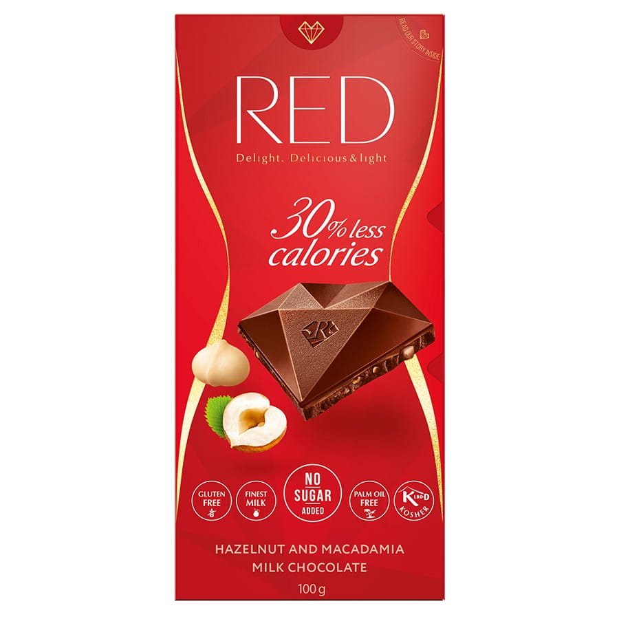 Chocolat au lait aux noisettes et macadamia 30% moins de calories 100g RED DELIGHT