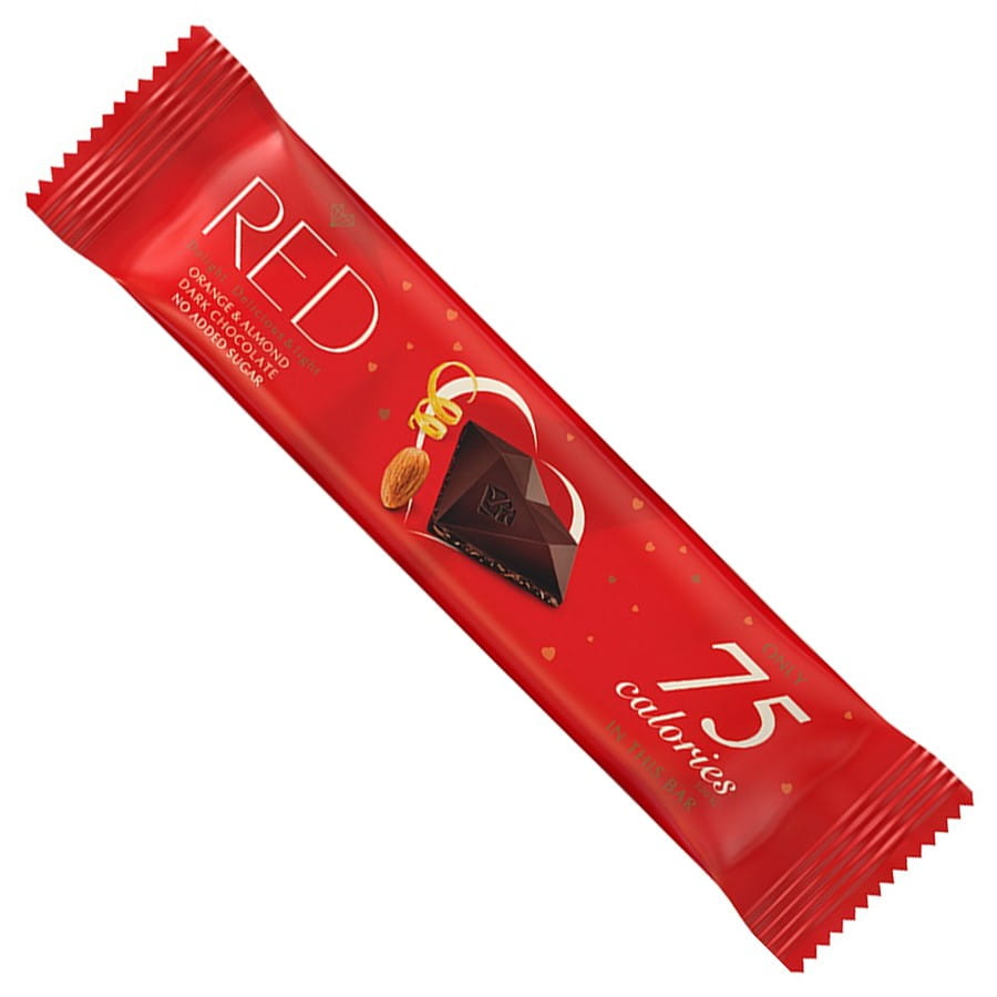 Tablette de chocolat noir aux amandes et écorces d'orange sans sucre ajouté seulement 75 calories 26g RED DELIGHT