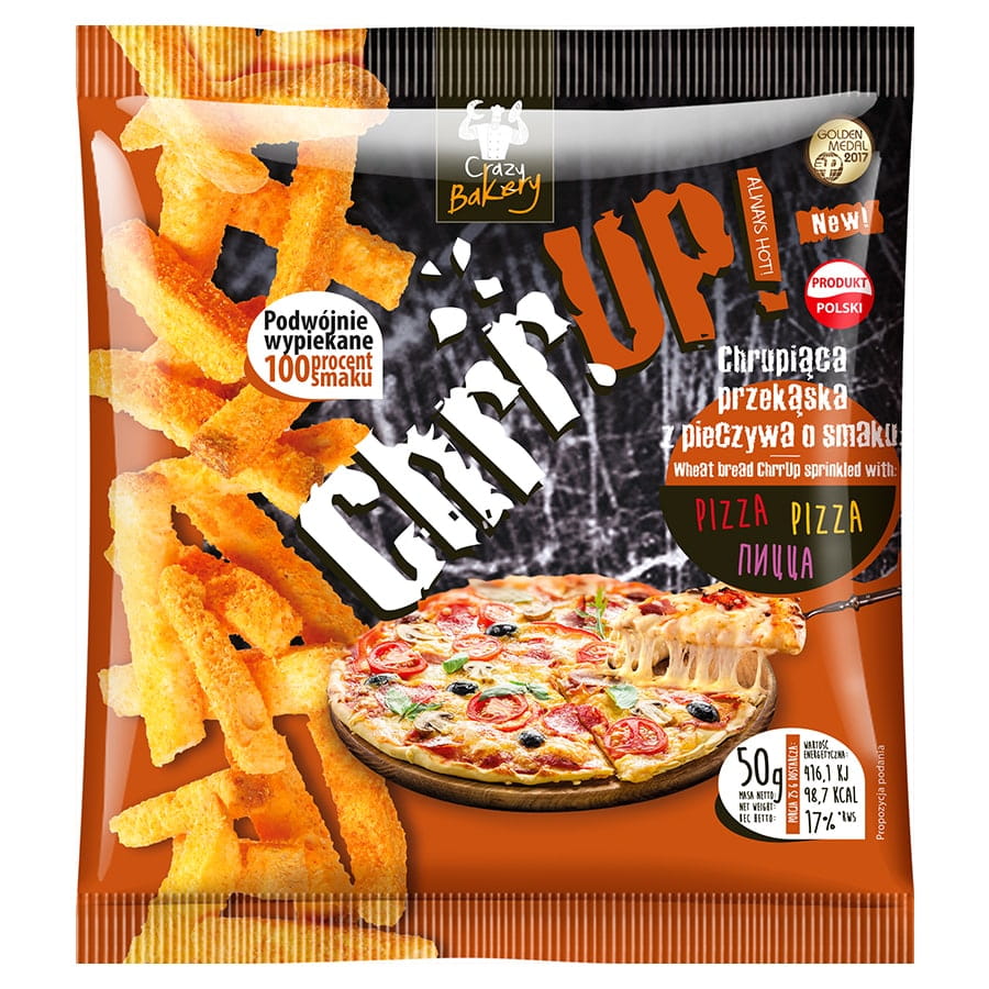 Un snack croustillant à base de pain de blé au goût de pizza 50g CHRRUP